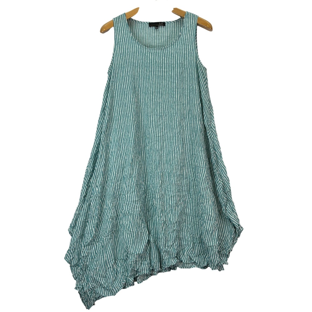 Liv By Habitat Teal Striped Crinkle Asymmetrical‎ Dress Women S Lagenlook Artsy - Picture 2 of 6